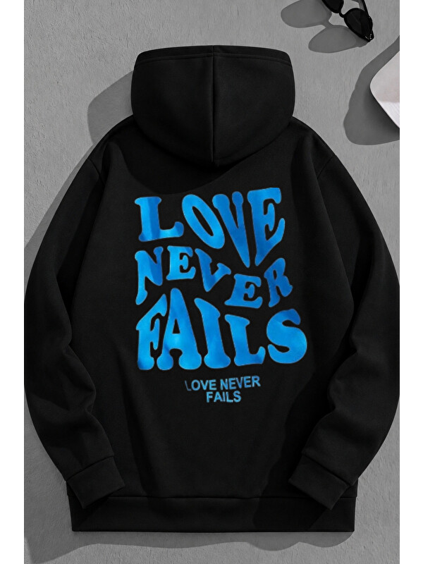 Trendseninle Unisex 3 İplik Pamuklu Siyah LoveNeverFails Baskı Bol Kalıp Sweatshirt Hoodie