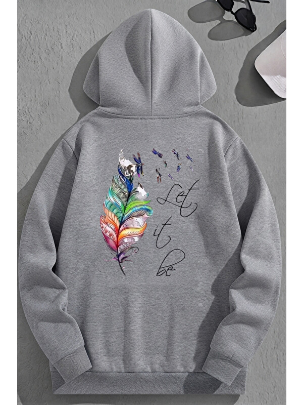 Trendseninle Unisex 3 İplik Pamuklu Gri LetITBE Baskı Bol Kalıp Sweatshirt Hoodie