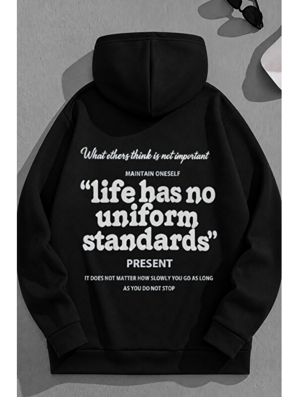 Trendseninle Unisex 3 İplik Pamuklu Siyah LifeHas Baskı Bol Kalıp Sweatshirt Hoodie