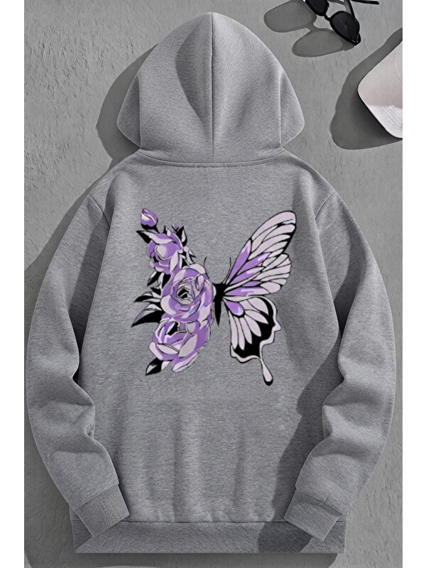 Trendseninle Unisex 3 İplik Pamuklu Gri LilaKelebek Baskı Bol Kalıp Sweatshirt Hoodie