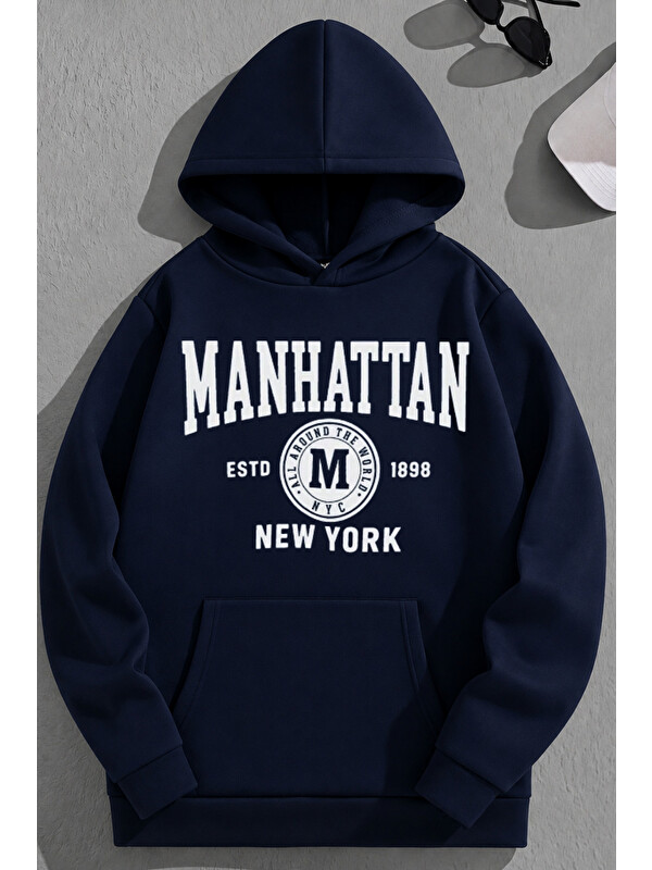 Trendseninle Unisex 3 İplik Pamuklu Lacivert Manhattan Baskı Bol Kalıp Sweatshirt Hoodie