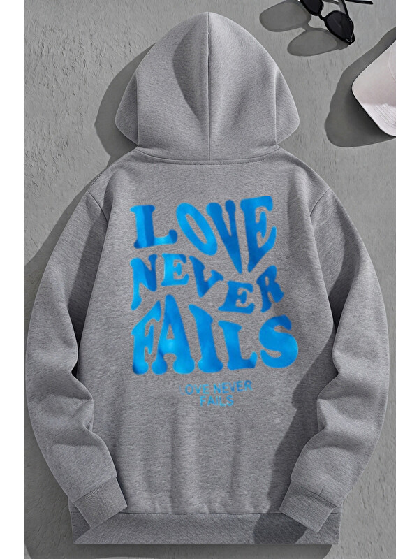 Trendseninle Unisex 3 İplik Pamuklu Gri LoveNeverFails Baskı Bol Kalıp Sweatshirt Hoodie