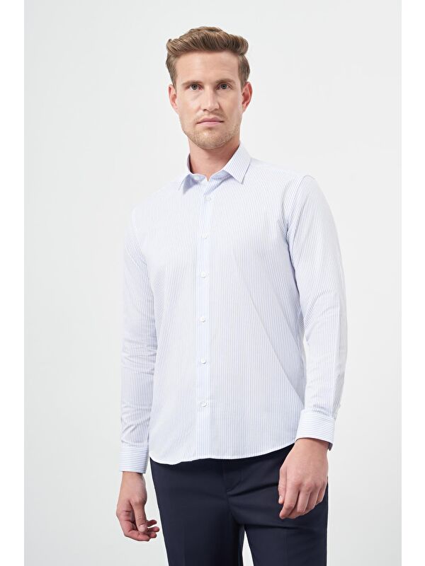 İMZA Beyaz Uzun Kol Çizgili Desen Oxford Sert Yaka Cepsiz Pamuklu Classic Slim Fit Gömlek 1004245206