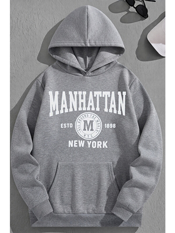 Trendseninle Unisex 3 İplik Pamuklu Gri Manhattan Baskı Bol Kalıp Sweatshirt Hoodie