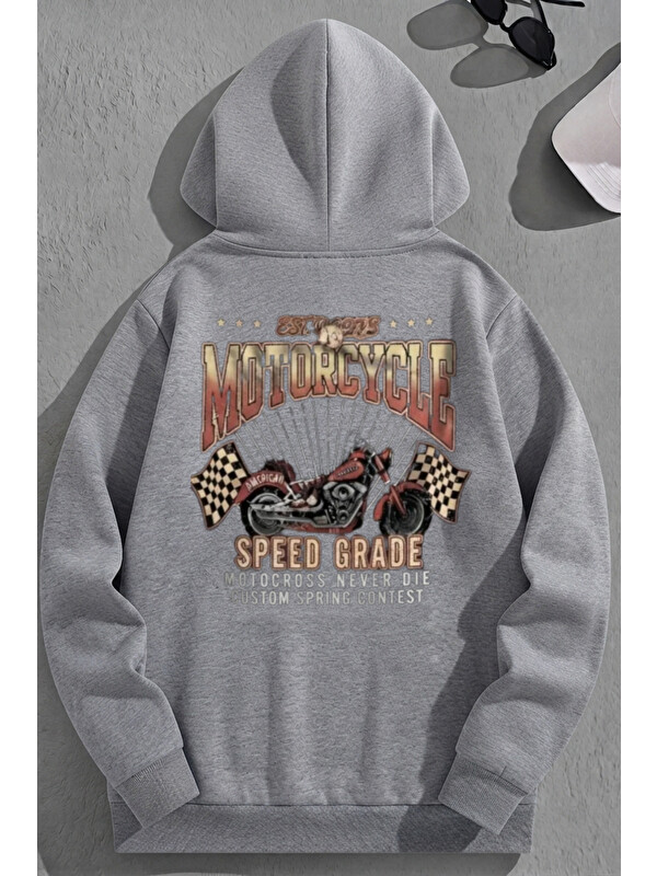 Trendseninle Unisex 3 İplik Pamuklu Gri MotorcycleSG Baskı Bol Kalıp Sweatshirt Hoodie