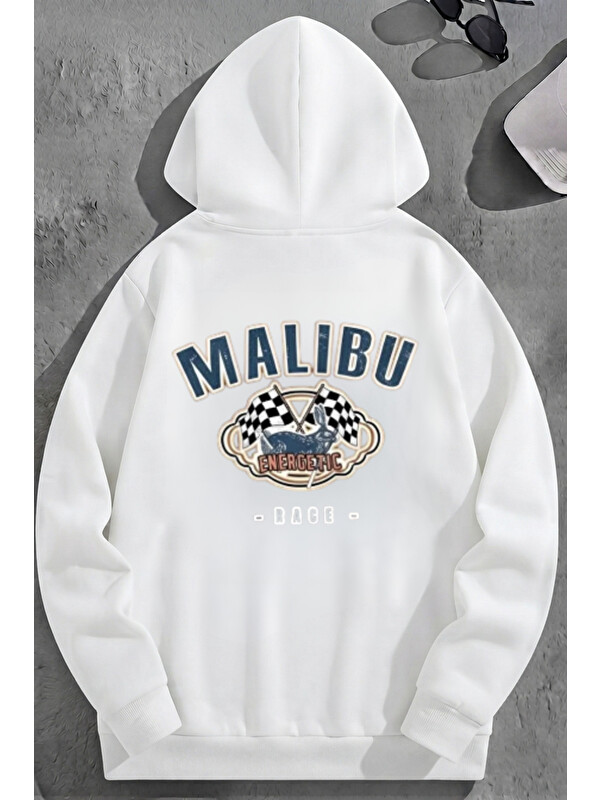 Trendseninle Unisex 3 İplik Pamuklu Beyaz MALİBU Baskı Bol Kalıp Sweatshirt Hoodie