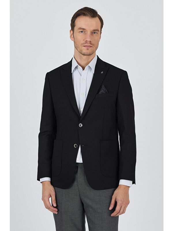 İMZA Siyah Kılıç Yaka Esnek 6 Drop Slim Fit Classic Ceket 1002250124