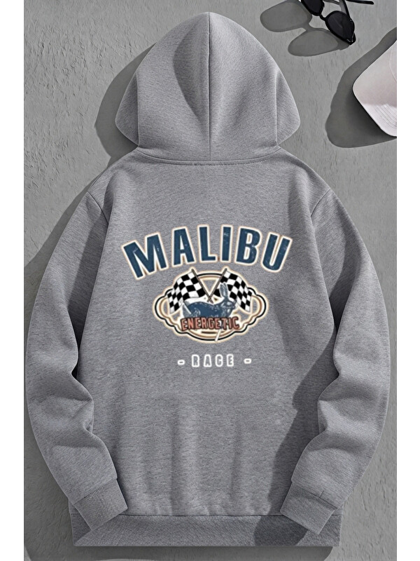 Trendseninle Unisex 3 İplik Pamuklu Gri MALİBU Baskı Bol Kalıp Sweatshirt Hoodie