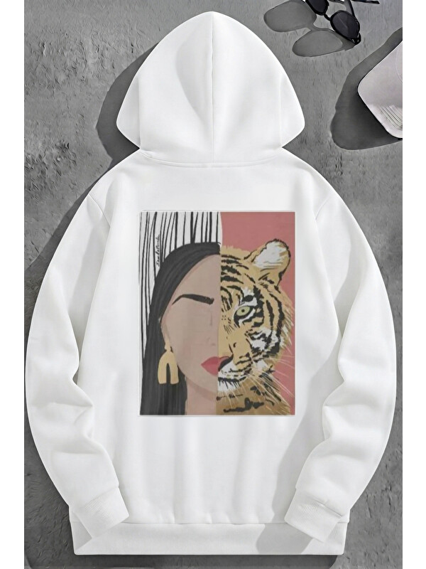 Trendseninle Unisex 3 İplik Pamuklu Beyaz İçimdekiKaplan Baskı Bol Kalıp Sweatshirt Hoodie