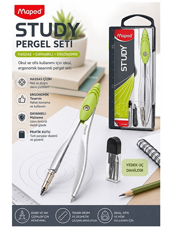 artmaster Yeşil Metal Pergel 1 Adet Maped 119450 Pergel Seti Teknik Çizim Matematik Geometri Pergel Yedek Uçlu