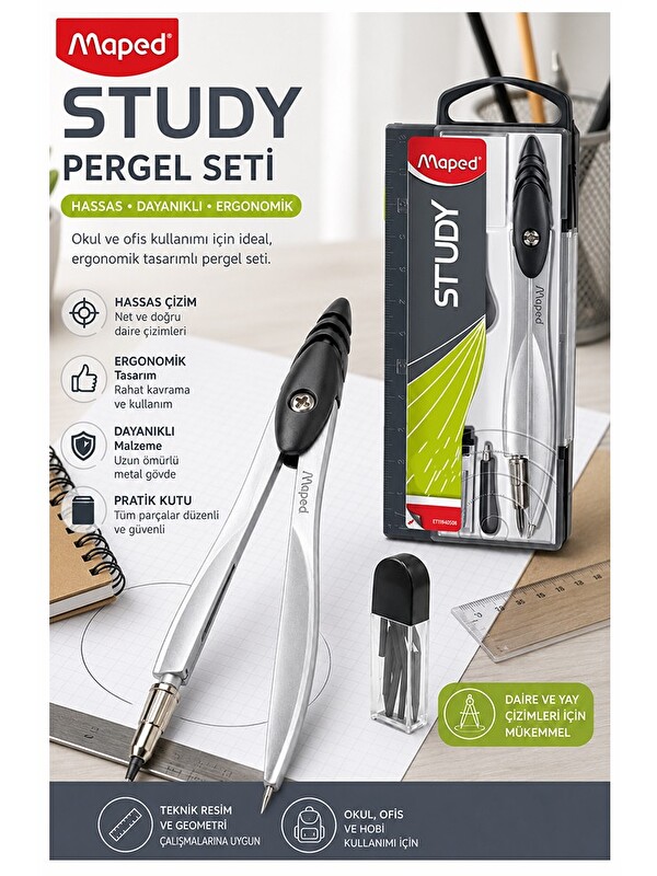 artmaster Siyah Metal Pergel 1 Adet Maped 119450 Pergel Seti Teknik Çizim Matematik Geometri Pergel Yedek Uçlu
