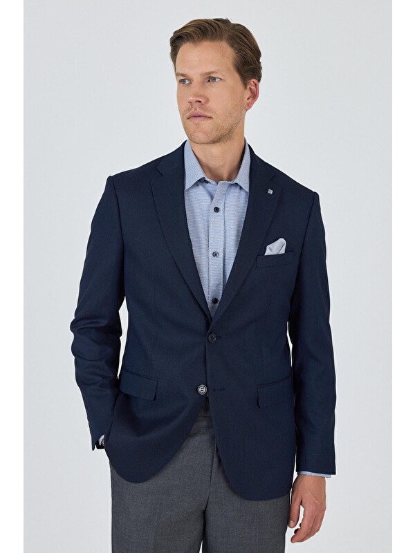 İMZA Lacivert Mono Yaka Armürlü Tam Astar Esnek 6 Drop  Classic Blazer Ceket 1002250153