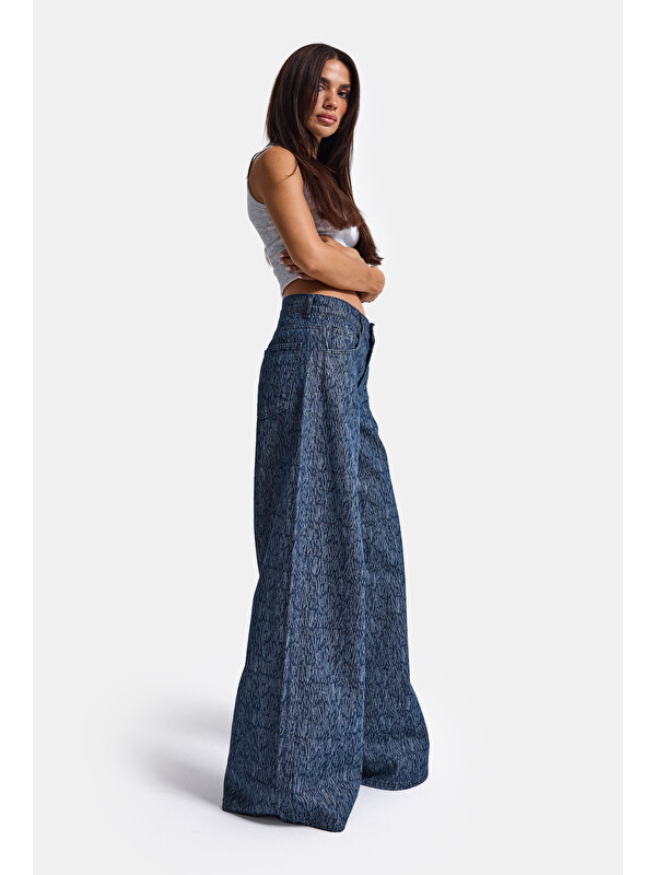 It's Basic Kadın Mavi 9w6-197 Palazzo Fit Özel Desenli Kumaş Tasarım Denim Jean