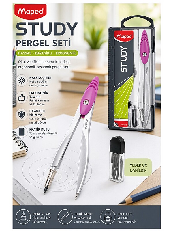 artmaster Pembe Metal Pergel 1 Adet Maped 119450 Pergel Seti Teknik Çizim Matematik Geometri Pergel Yedek Uçlu