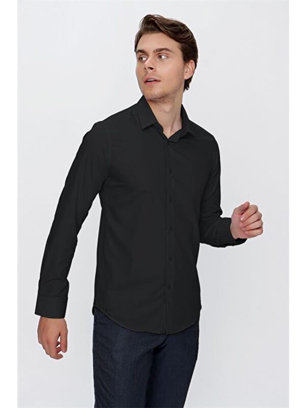 İMZA Siyah Uzun Kollu  Bez Ayağı Sert Yaka Cepsiz  Pamuklu Basic Slim Fit Dar Kesim Gömlek 1004240057