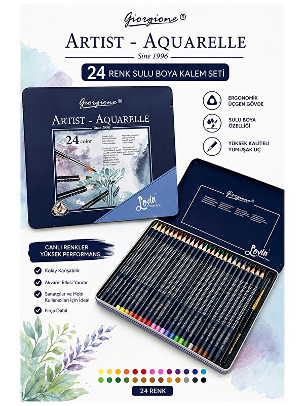 Artlantis Aquarel Suluboya Kalemi 24 Renk 1 Paket Giorgione Teneke Kutu Sulu Boya Kalemi 24 Lü Fırça Hediyeli