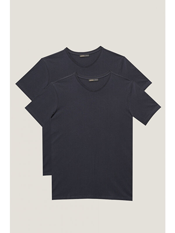 AC&Co / Altınyıldız Classics Erkek Lacivert Slim Fit Dar Kesim V Yaka 2'li Tişört Paketi