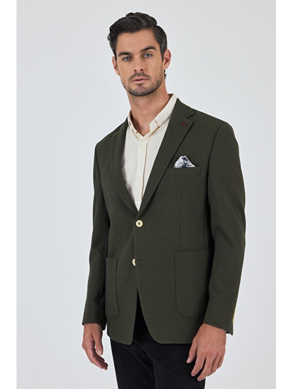 İMZA Koyu Haki Mono Yaka Gofreli  Esnek 6 Drop  Casual  Blazer Ceket 1002250126