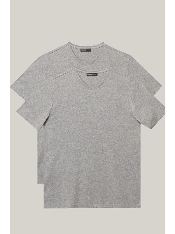 AC&Co / Altınyıldız Classics Erkek Gri Melanj Slim Fit Dar Kesim V Yaka 2'li Tişört Paketi