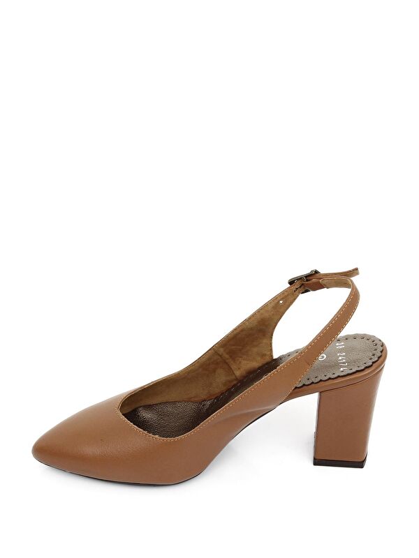Gonderi(r) Bej Gonderi(r) Hakiki Deri Sivri Burun Yüksek Kalın Topuklu Arkası Açık Kadın Yazlık Ayakkabı
