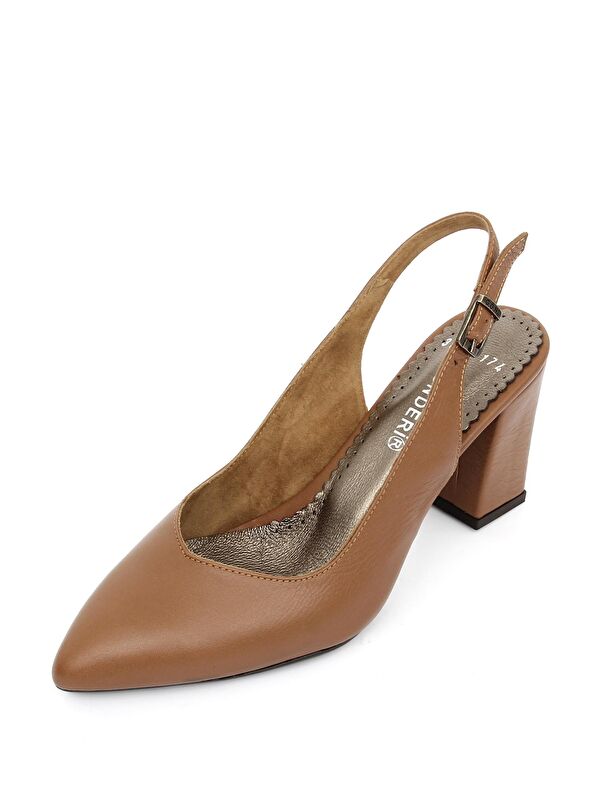 Gonderi(r) Bej Gonderi(r) Hakiki Deri Sivri Burun Yüksek Kalın Topuklu Arkası Açık Kadın Yazlık Ayakkabı