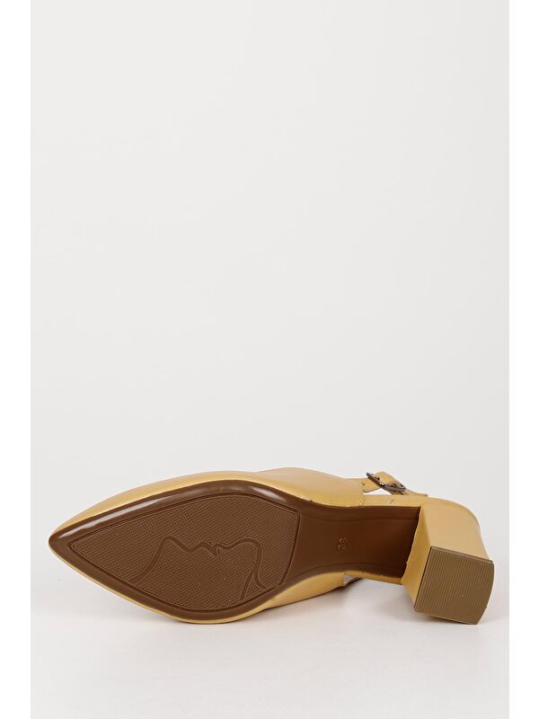 Gonderi(r) Bej Gonderi(r) Hakiki Deri Sivri Burun Yüksek Kalın Topuklu Arkası Açık Kadın Yazlık Ayakkabı