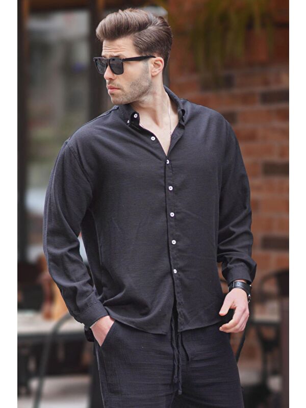 Madmext Siyah Uzun Kollu Oversize Erkek %100 Pamuk Gömlek 6735