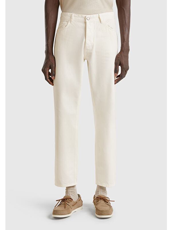 United Colors Of Benetton Beyaz %100 Pamuk Beli Logo Etiketli 5 Cepli Straight Fit Erkek Pantolon