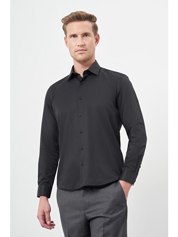 İMZA Siyah Uzun Kol Düz Bez Ayağı Sert Yaka Cepsiz Pamuklu Classic Slim Fit Gömlek 1004245267
