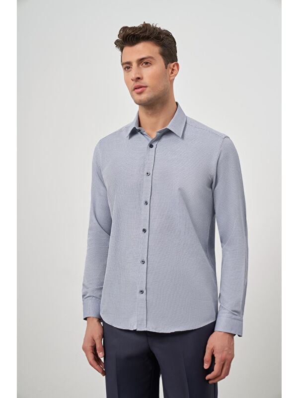 İMZA Koyu Lacivert Uzun Kol Kendinden Armürlü Cepsiz Pamuklu Classic Slim Fit Gömlek 1004245161