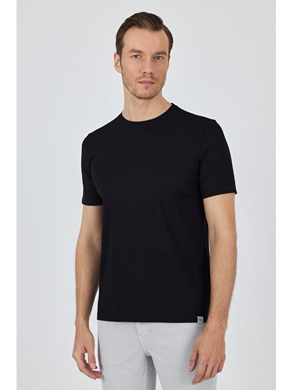 İMZA Siyah Kısa Kol Bisiklet Yaka Cepsiz Pamuklu Casual Slim Fit Tişört 1011250165