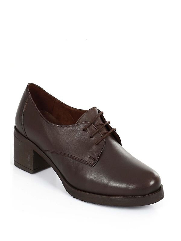 KAHVERENGİ Hakiki Deri Yuvarlak Burun Orta Topuklu Bağcıklı Kadın Ayakkabı 24230 - Görsel 7