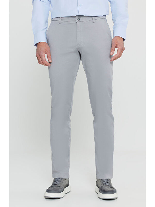 AC&Co / Altınyıldız Classics Erkek Gri Slim Fit Dar Kesim Yan Cep Pamuklu Esnek Chino Pantolon
