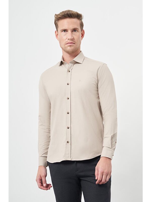 İMZA Bej Uzun Kol Düz Bez Ayağı Yarım İtalyan Yaka Cepsiz Pamuklu Classic Slim Fit Gömlek 1004245211
