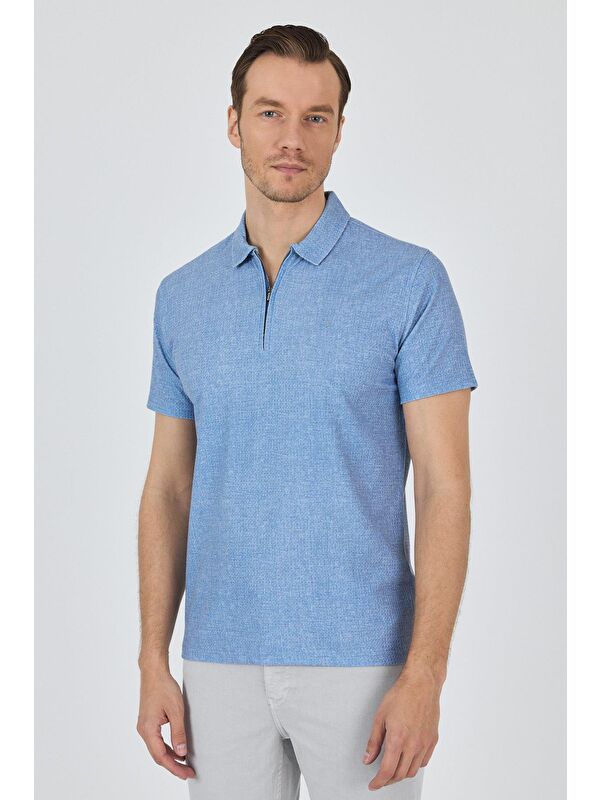İMZA Mavi Polo Yaka Kısa Kol Cepsiz Slim Fit Classic Tişört 1011250176