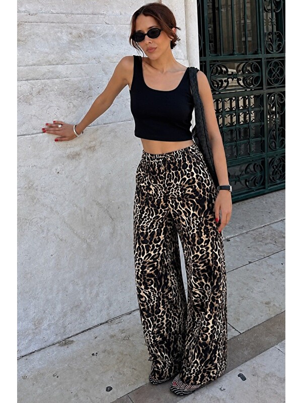 Madmext Koyu Siyah  Ayarlanabilir Bel Leopar Desenli Bol Paça Pantolon Mg2095