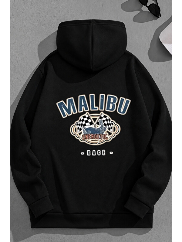 Trendseninle Unisex 3 İplik Pamuklu Siyah MALİBU Baskı Bol Kalıp Sweatshirt Hoodie