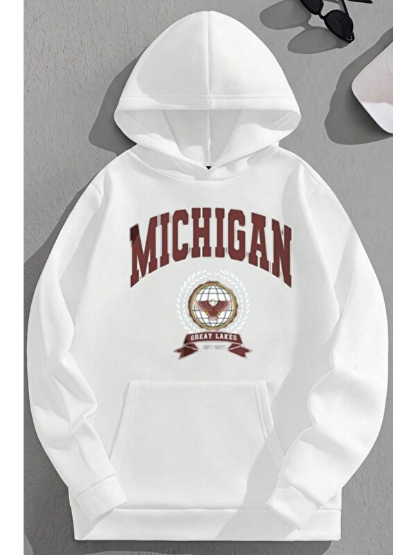 Trendseninle Unisex 3 İplik Pamuklu Beyaz Michigan Baskı Bol Kalıp Sweatshirt Hoodie
