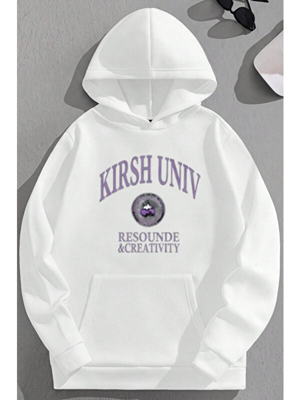 Trendseninle Unisex 3 İplik Pamuklu Beyaz KIRSHUNIV Baskı Bol Kalıp Sweatshirt Hoodie