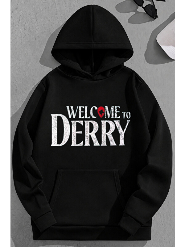 Trendseninle Unisex 3 İplik Pamuklu Siyah WelcomeToDerry Baskı Bol Kalıp Sweatshirt Hoodie