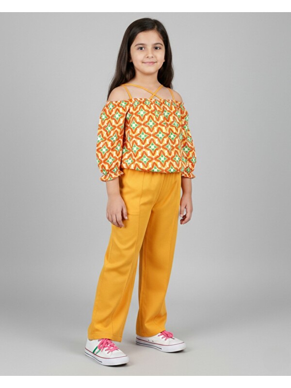 Ege Bebek Kız Çocuk Yazlık Etnik Desen Bluzlu, Müslin Pantalonlu 6-7-8-9-10 Yaş Bol Paçalı Takım