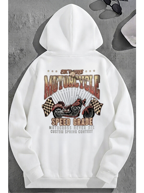 Trendseninle Unisex 3 İplik Pamuklu Beyaz MotorcycleSG Baskı Bol Kalıp Sweatshirt Hoodie