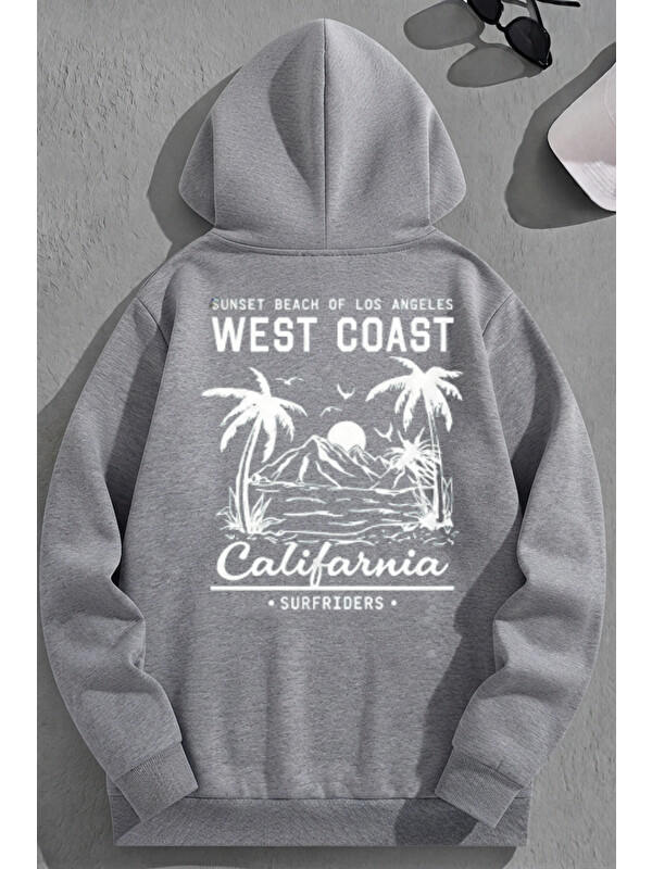 Trendseninle Unisex 3 İplik Pamuklu Gri WCoast Baskı Bol Kalıp Sweatshirt Hoodie