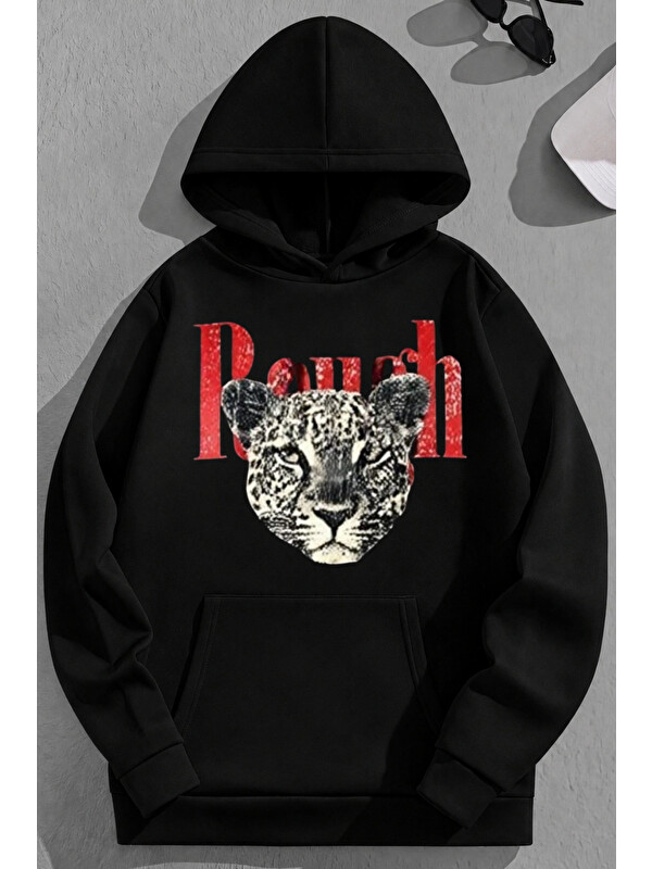 Trendseninle Unisex 3 İplik Pamuklu Siyah Ranch Baskı Bol Kalıp Sweatshirt Hoodie