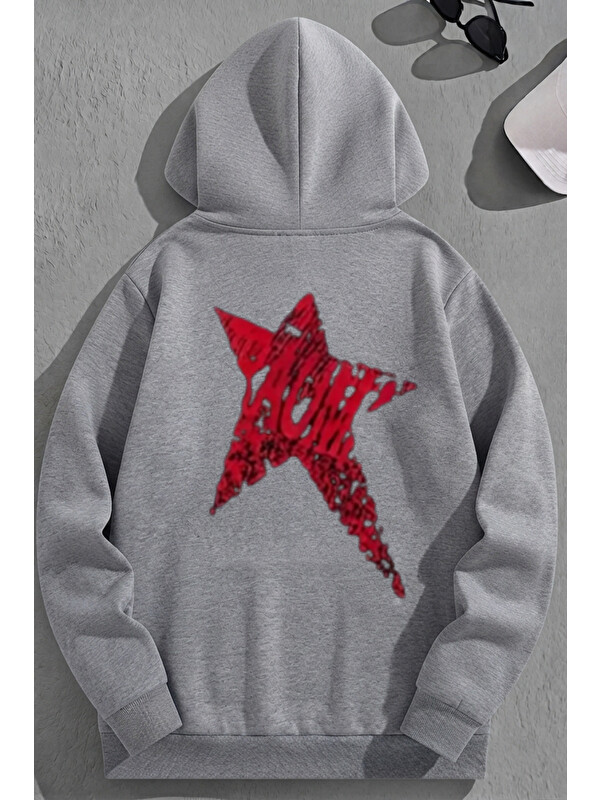 Trendseninle Unisex 3 İplik Pamuklu Gri RedStar Baskı Bol Kalıp Sweatshirt Hoodie