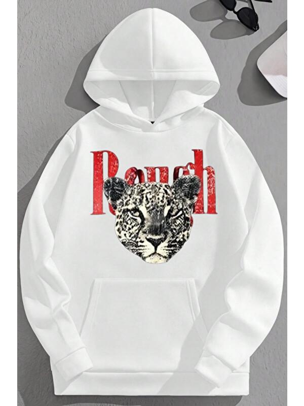 Trendseninle Unisex 3 İplik Pamuklu Beyaz Ranch Baskı Bol Kalıp Sweatshirt Hoodie