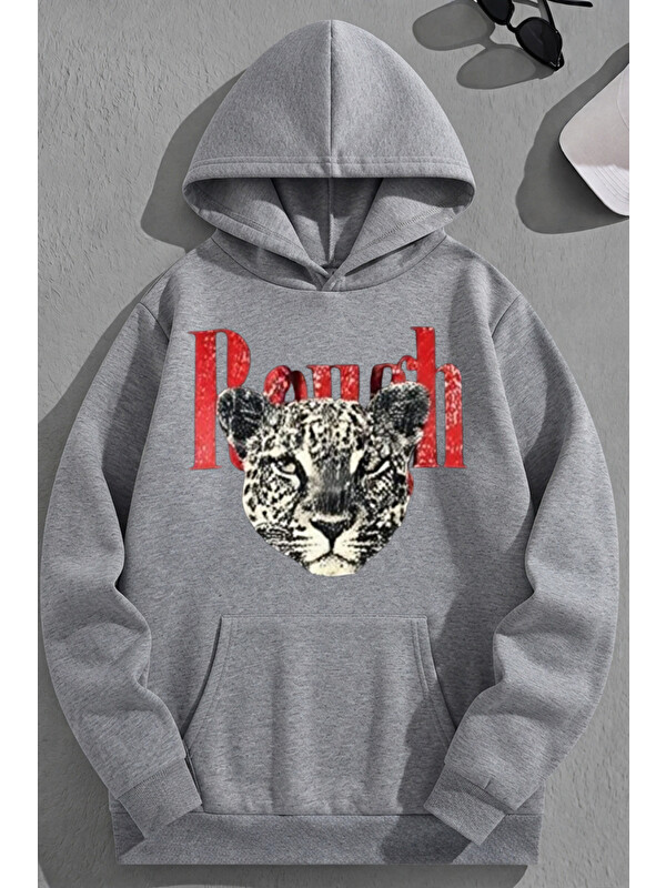 Trendseninle Unisex 3 İplik Pamuklu Gri Ranch Baskı Bol Kalıp Sweatshirt Hoodie