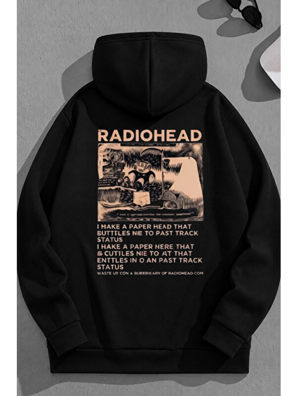 Trendseninle Unisex 3 İplik Pamuklu Siyah RadioHead Baskı Bol Kalıp Sweatshirt Hoodie