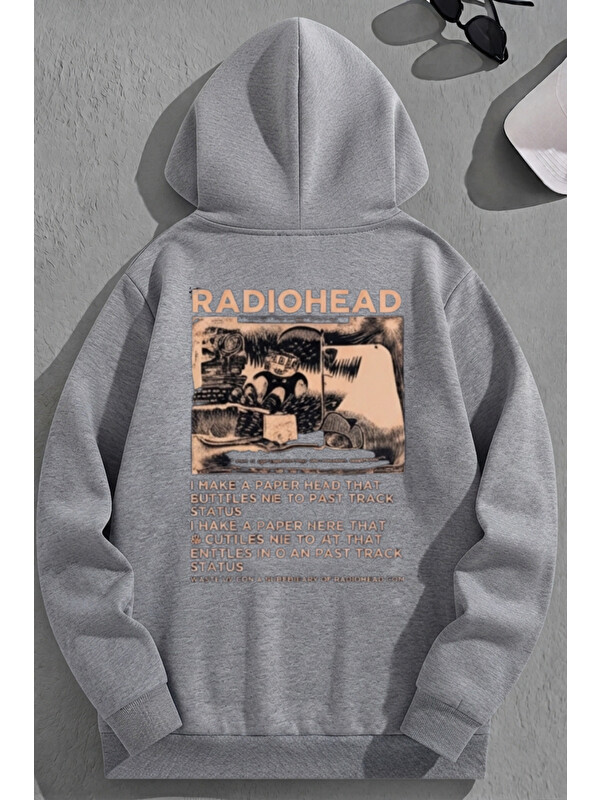 Trendseninle Unisex 3 İplik Pamuklu Gri RadioHead Baskı Bol Kalıp Sweatshirt Hoodie