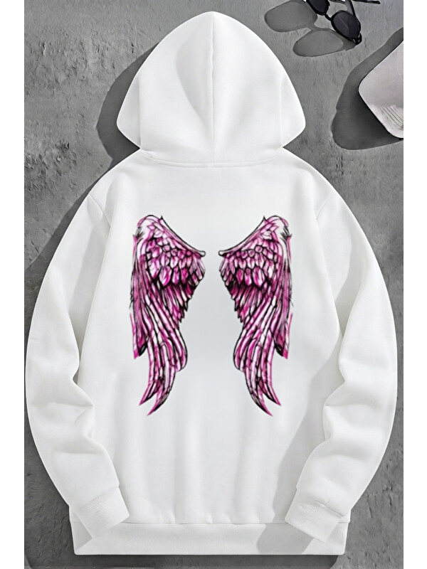 Trendseninle Unisex 3 İplik Pamuklu Beyaz PairOfWing Baskı Bol Kalıp Sweatshirt Hoodie